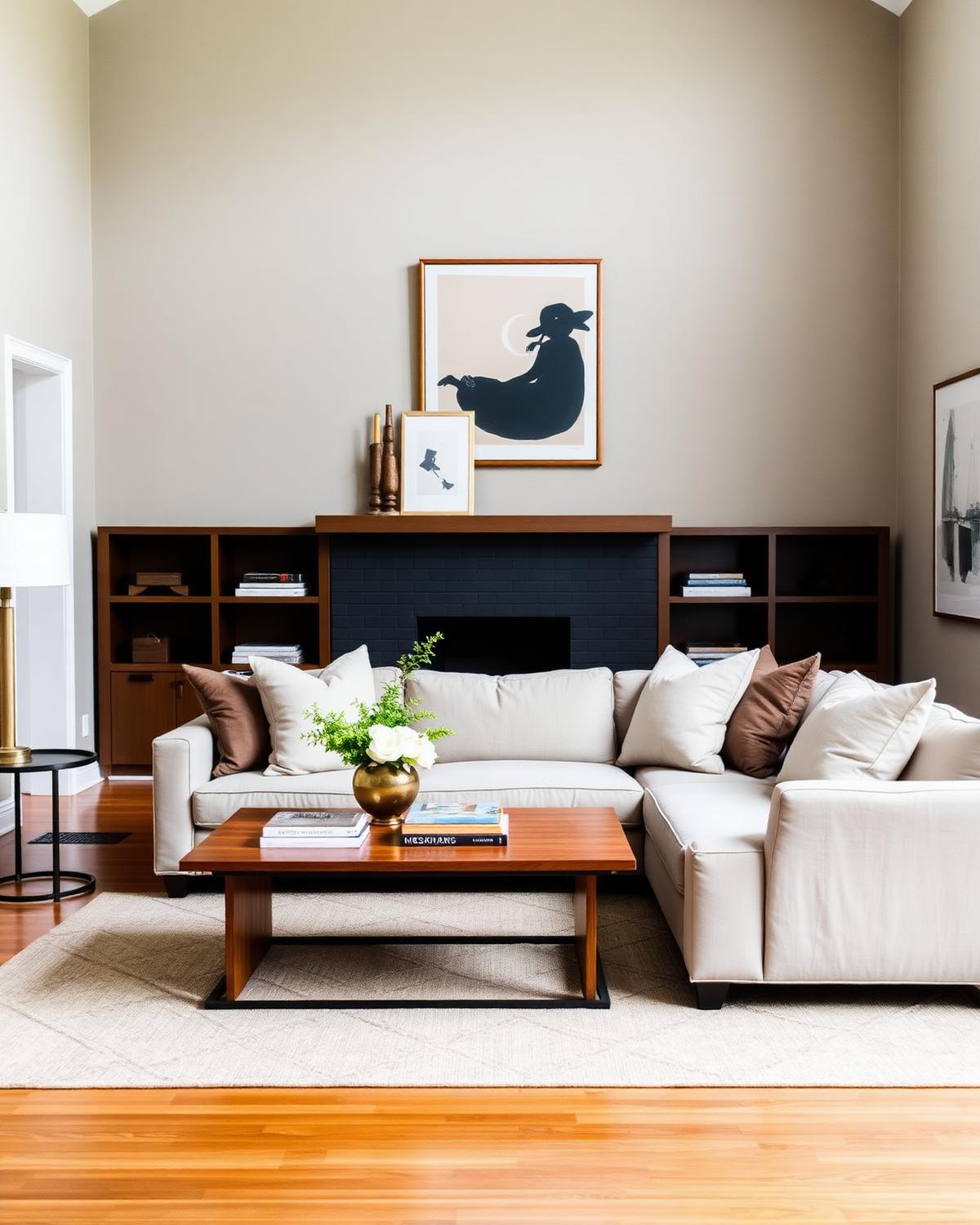 Vacant living room professionally staged with light furnishings and layered textiles