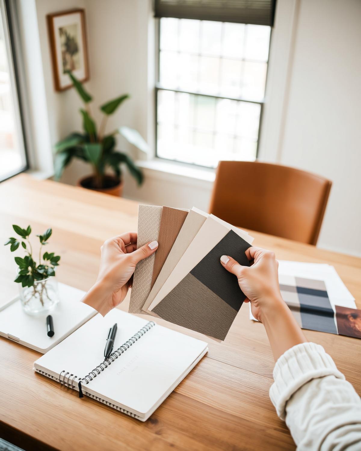 Designer reviewing staging plans and material samples at a table